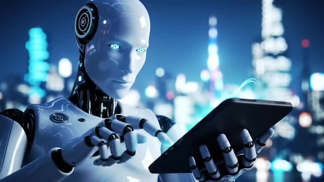 Robot using tablet night cityscape