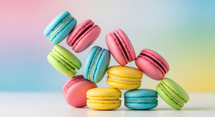 Obraz premium Colorful macarons stacked on top of each other against a pastel background.