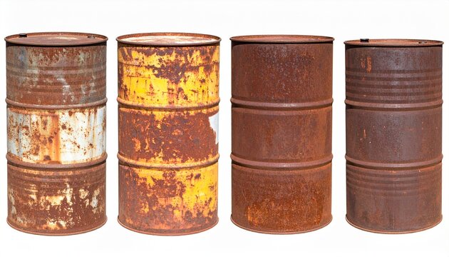Four Rusty Metal Barrels, Industrial Waste, Corrosion, Decay, Old Drums