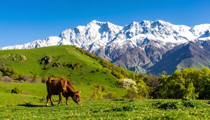Obraz premium Cow grazing in a spring meadow, mountains in background