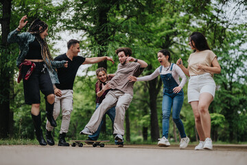 Obraz premium Group of young people having fun, sharing a laugh, and enjoying time together in nature. Joyful energy and camaraderie among friends in a lush, green, outdoor setting.