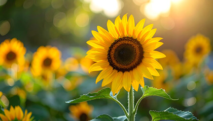 Sunflower in the Spotlight: A vibrant sunflower, its golden petals radiant, stands in a sun-drenched field, symbolizing warmth and happiness. 