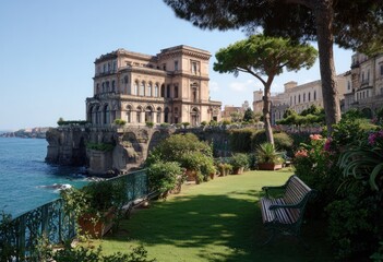 A magnificent, light beige villa perches dramatically on a cliff overlooking a tranquil ocean, lush gardens and greenery adorn the surrounding area, creating a peaceful and picturesque scene.