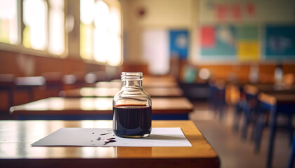 Ink in the Classroom: A vintage inkwell sits on a desk in a sunlit classroom, offering a nostalgic glimpse of education's past.
