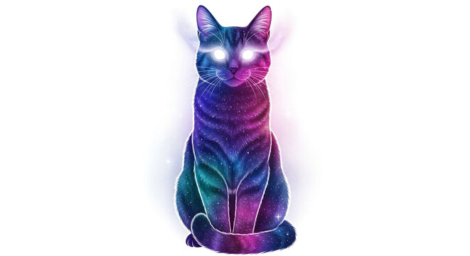 Cosmic cat with glowing eyes isolated on white background the felines fur is adorned with a mesmerizing galaxy pattern, creating a surreal and captivating image