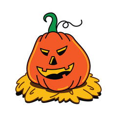 A cartoon illustration of a menacing Halloween pumpkin with a carved face sitting on a pile of yellow hay, isolated on a white background.