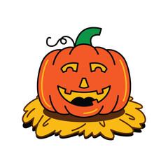 A cartoon illustration of a smiling orange Halloween pumpkin with a carved face and green stem, sitting on a bed of yellow straw. Isolated vector graphic for festive design.