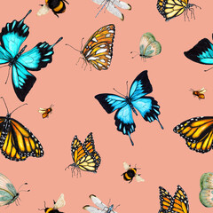 Seamless pattern with butterflies. Hand drawn watercolor illustration.
