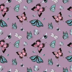 Seamless pattern with butterflies. Hand drawn watercolor illustration.