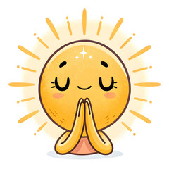 Folded hands with glowing light emoji style symbolizing divine energy, prayer, hope, or blessing, isolated