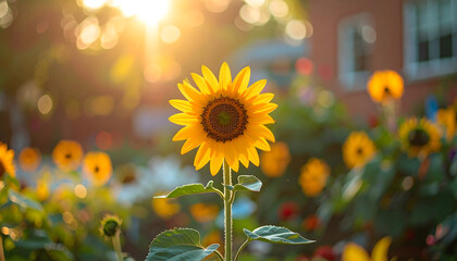Sunflower in the Sun: A captivating sunflower, bathed in the warm, golden sunlight, stands proudly amidst a garden filled with its brethren, creating a scene of natural beauty and joy.