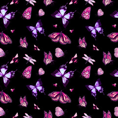 Seamless pattern with butterflies. Hand drawn watercolor illustration.