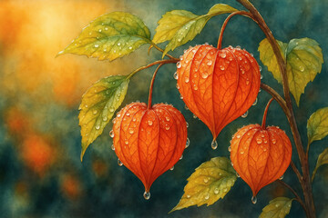 Autumn-themed commercial illustration of "orange physalis (Chinese lantern plant)" for seasonal decoration