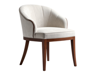 Angled Side View of Upholstered Dining Chair, Highlighting Curved Back and Wooden Legs, isolated on transparent background.