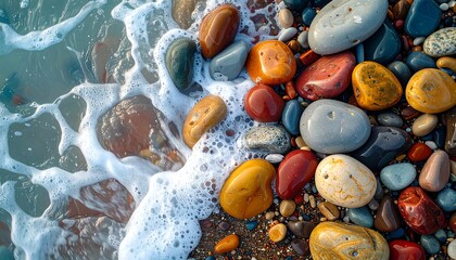 Colorful pebbles on a beach with waves