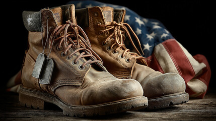 Military boots dog tags and a folded american flag symbolizing honor for veterans and memorial