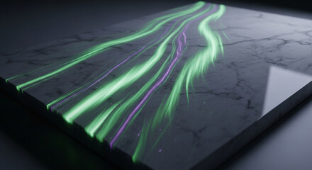 urora Marble &ndash; Marble infused with veins of green and purple light, inspired by the Northern Lights, hyper-detailed cinematic vision.