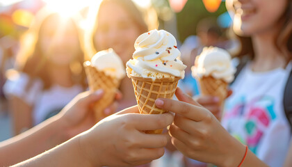 Delightful Ice Cream Cones: Capture the sweet symphony of summer, as friends share moments of joy. Creamy swirls of ice cream in a cone. bathed in the warm glow. A sweet experience. 