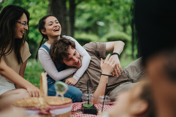 Friends are relaxing in a park, engaging in lighthearted interactions and joyful laughter during a fun picnic on a sunny day.