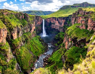 Stunning waterfall cascading down a vibrant green valley