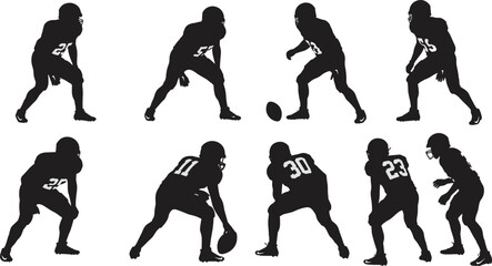 American football player silhouettes in action poses with helmets and uniforms, sports competition, athletic training, team game, vector illustration design