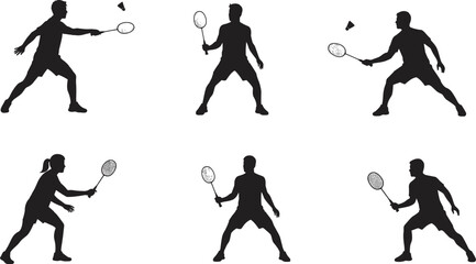Badminton player silhouettes vector illustration showing dynamic sports poses with racket and shuttlecock, athletic action design for fitness, competition, training