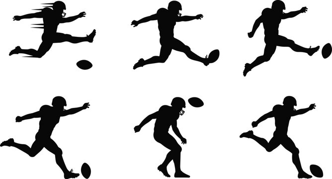 American football player silhouettes kicking ball in dynamic action poses, sports training illustration for competition, athletic energy, teamwork, fitness, vector design