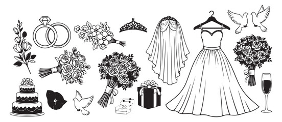 Collection of wedding elements including a bridal gown bouquets rings cake and veil isolated on transparent background