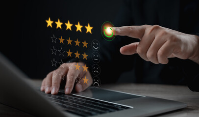 Customer rating with five-star review on digital platform, symbolizing satisfaction, feedback, trust, service quality, reputation, and positive experience for online business success.