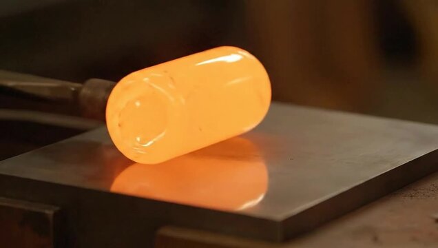 Vibrant Hot Molten Glass Tube Rolling on a Steel Marver, Radiating Fiery Orange Glow and Whispers of Smoke.