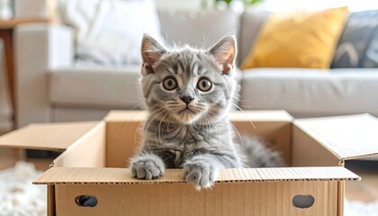 Adorable Gray Kitten Playing in Cardboard Box.