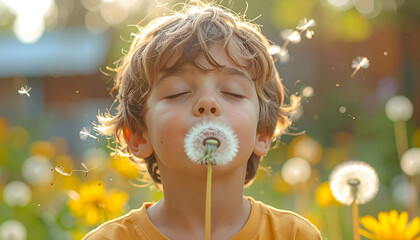 Whispering Wishes: A young child gently blows dandelion seeds into the summer breeze, capturing a moment of pure joy, innocence, and the magic of childhood. 