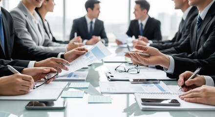 Business Team Meeting with Documents and Negotiation at Glass Table