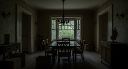 Neglected dining space featuring patterned wallpaper, chandelier, wooden floor, and lush greenery outside.