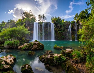 Obraz premium Stunning waterfall cascading into a tranquil pool, surrounded by lush greenery and a vibrant sky