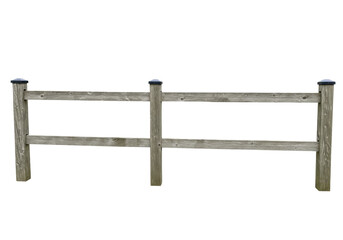 Isolated two-rail rustic wooden garden fence section with flat post caps against negative space