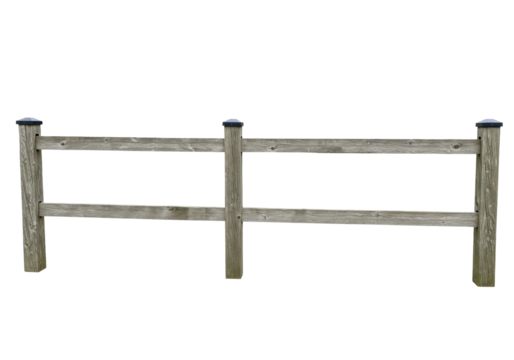 Isolated two-rail rustic wooden garden fence section with flat post caps against negative space