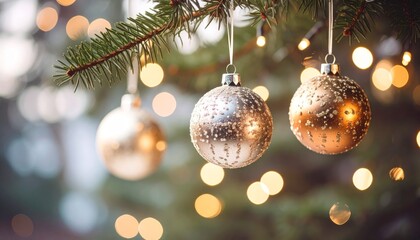 ornaments hanging from branch of Christmas tree with string lights