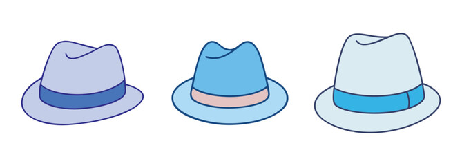 Illustration of three fedora hats in different shades of blue for fashion and style concepts