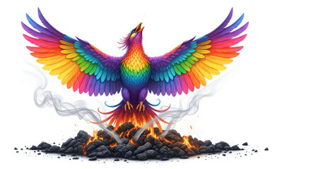 Obraz premium Vibrant phoenix rising from ashes with rainbow colored feathers isolated on white background, symbolizing rebirth, hope, and transformation in a digital art