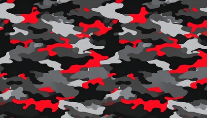 Abstract camouflage pattern in red, grey, and black
