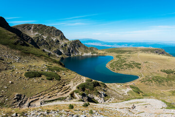Mountain view of the Rila Mountains in Bulgaria. Seven Rila Lake hike. Eco trails. Connection with nature.	