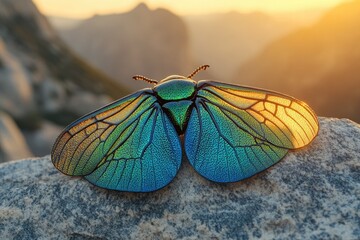 Vibrant iridescent beetle with spread wings rests on a rock during sunset, showcasing intricate wing patterns and jewel-toned colors.
