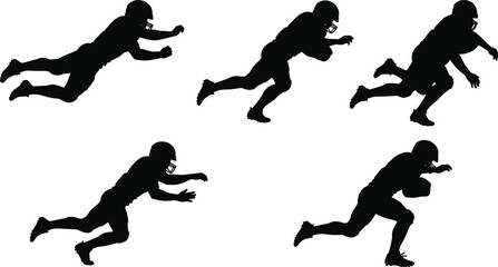 Black silhouettes of American football players in dynamic action poses running, diving, and carrying ball, sports vector illustration for game design