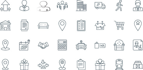 Business, logistics, and UI icon set in outline style, perfect for app design, presentations, digital platforms, and corporate communication visuals