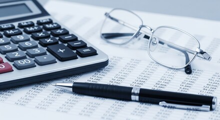 Finance and Tax Calculation with Calculator, Pen, and Eyeglasses on Office Desk
