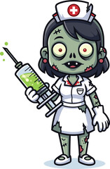 Cartoon zombie nurse vector illustration, undead medical character, horror hospital design, creepy monster artwork, scary nurse zombie holding syringe with toxic liquid graphic
