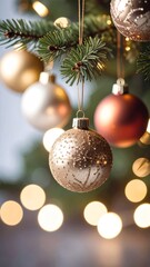 ornaments hanging from branch of Christmas tree with string lights