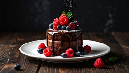 Chocolate cake dessert with fresh berries