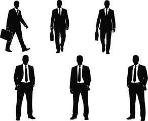 Businessmen in silhouette walking and standing with briefcases, representing professionalism, corporate lifestyle, office culture, and executive presence in modern workplaces